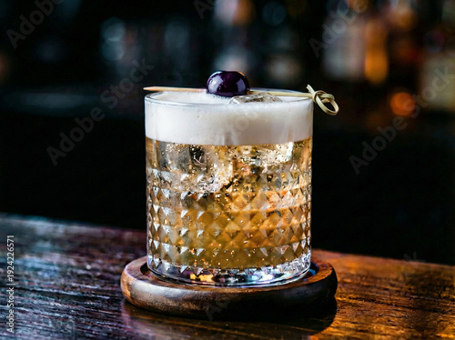 A glass of whiskey with an olive on the top of the glass, served in a short-textured old-fashioned crystal glass