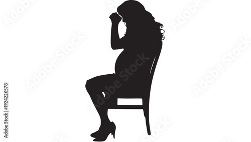 Woman pregnant silhouette sitting on chair in profile, black cutout illustration of expectant mother with hand on forehead, maternity concept isolated on white