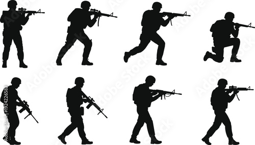 Set of Black Soldier Silhouettes with Assault Rifles Featuring Various Tactical Poses Like Aiming Kneeling and Walking for Military Branding Combat Training and Defense Projects