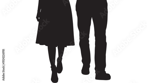 People walking together silhouette with black outline, couple friends or partners featuring legs, feet, shoes with man and woman elements for unity, companionship projects, clean composition on