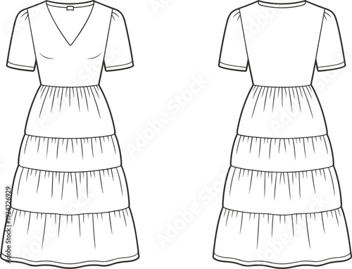 Fashion technical sketch of a short sleeve v neck tiered midi dress with front and back views for apparel design templates
