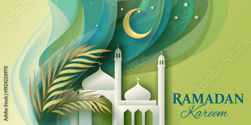 Ramadan Kareem Poster with Mosque Silhouette, Palm leaf and Green Islamic Background