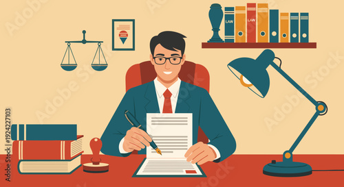 Professional male lawyer sits at his office desk with law books and scales of justice, smiling as he signs a legal document or contract.
