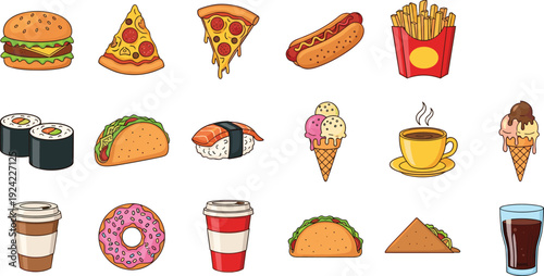 Fast food icons set vector illustration with burgers pizza sushi tacos coffee desserts isolated cartoon flat design elements for menu branding