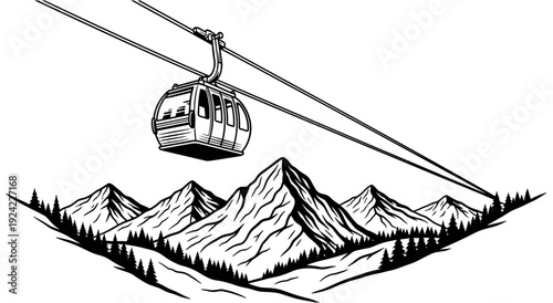 Cable car over mountains and trees monochrome illustration sketch engraving