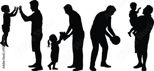 Black silhouettes of fathers playing with children and holding babies isolated on white background for family day and parenting design