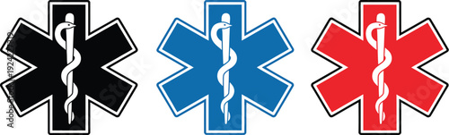 Black blue and red medical star of life symbols set