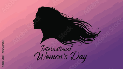 International Womens Day celebration with woman silhouette on pink purple background