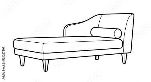 Chaise lounge vector illustration, outline drawing of a long recliner sofa with pillow