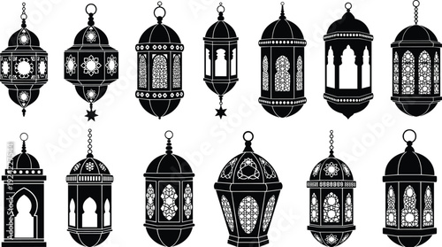Set of traditional Arabic lantern silhouettes, ornamental Islamic hanging lamps, decorative Ramadan Kareem icons, festive Eid Mubarak celebration graphic design elements.