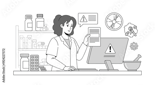 Pharmacist at a counter checks a prescription against computer data which shows a warning alert for drug interaction or contraindication.
