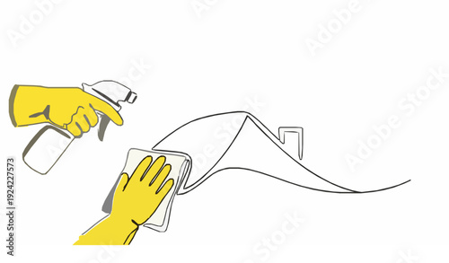 One Line Cleaning Service Poster with Gloved Hands Sprayer and House Shape