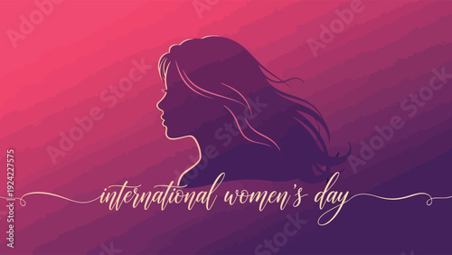 International Womens Day celebration with purple and pink background and woman silhouette