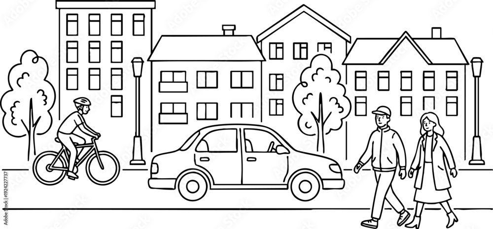 Fototapeta premium Minimalist black and white line art depicting a lively urban street scene with people walking and cycling, buildings, and a car. Clean and modern illustration.