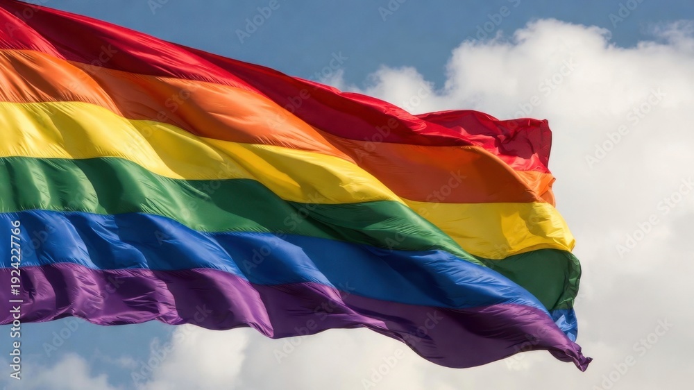 Obraz premium Bright and colorful rainbow flag waving against blue sky and white clouds.