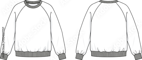 Women's raglan sleeve sweatshirt technical sketch, front and back view, fashion CAD drawing flat vector apparel illustration, oversized sweater mockup.