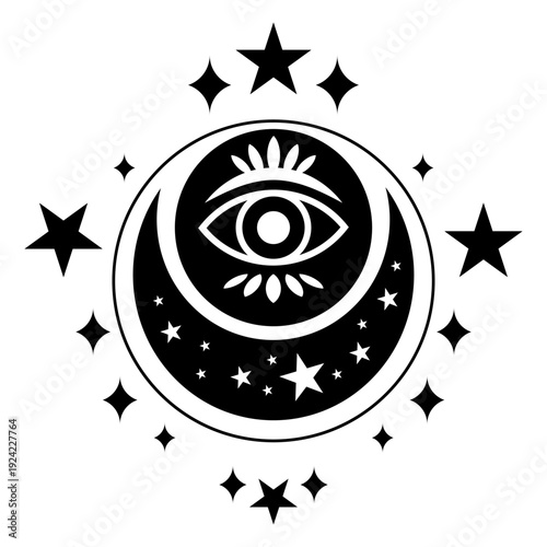 All-seeing eye in crescent moon with magic stars. Mystical celestial occult symbol for esoteric design. Vector illustration