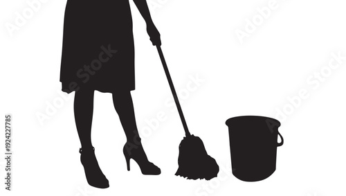 Cleaner silhouette of woman holding mop beside bucket, housekeeping and janitorial service concept, black cutout figure on white background for icon design