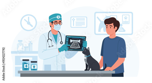 Veterinarian shows a cat's ultrasound results on a digital tablet to its concerned owner during a check-up at the veterinary clinic or animal hospital.