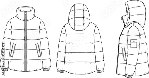 Technical CAD Drawing Flat Vector Illustration Puffer Jacket Front Back Side Views Hooded Winter Outerwear Coat Template for Design Tech Pack