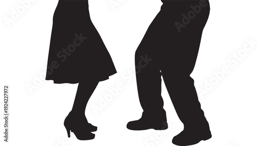 Couple dancing silhouette with man and woman legs in dress and heels, facing each other in ballroom pose, minimal black cutout icon isolated on white featuring dance partners, tango, salsa with waltz