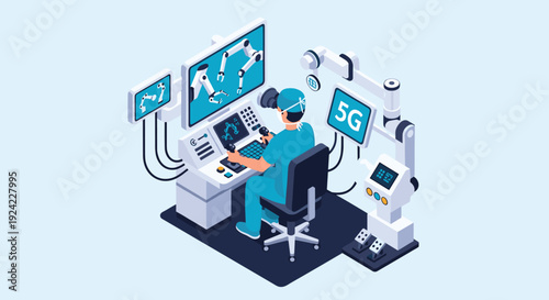 Surgeon performs a complex remote robotic surgery using a high-tech console with multiple screens and a 5G connection for real-time precision control.