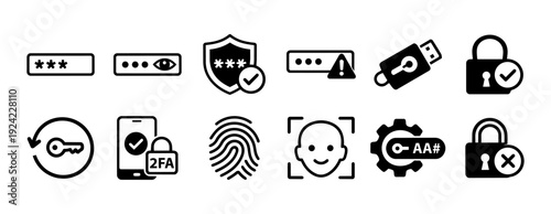 Password Security and Authentication Icons Set Minimal Black and White Line Art