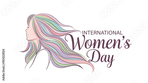 International Womens Day illustration with colorful hair and text on white background