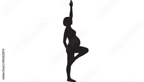 Pregnant woman silhouette practicing yoga tree pose with raised arm, maternity fitness balance exercise icon, black figure isolated on white background