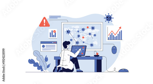 Scientist or epidemiologist analyzes pandemic data on a world map, tracking the global spread of a virus and rising infection rates in a research laboratory.