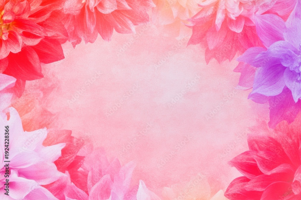 Fototapeta premium Floral Frame of Soft Hues: A close-up view presents a frame delicately adorned with an array of vibrant flowers, showcasing a blend of red, pink, and purple petals.