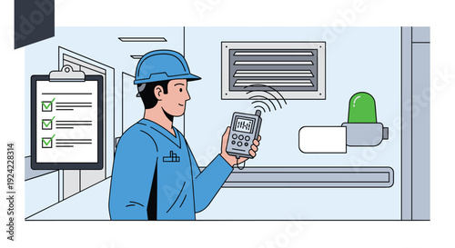 Professional maintenance engineer in a hard hat uses a digital measuring device to inspect a ventilation system next to a completed checklist.