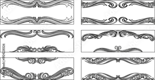 Six black and white decorative ornamental borders with swirling patterns