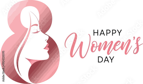 Happy Womens Day celebration with pink and white illustration of a womans face profile