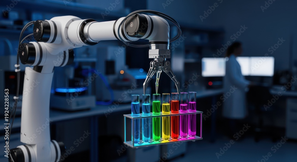 Fototapeta premium Robotic arm precisely handling colorful liquids in laboratory test tubes