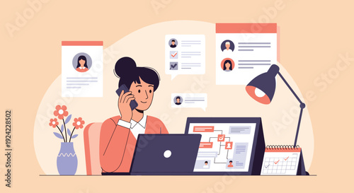 Businesswoman multitasks at her organized office desk, talking on the phone while managing projects on her laptop and checking a calendar.