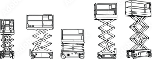 Scissor lift platform set in multiple positions, aerial work equipment vector illustration for construction, maintenance and industrial access isolated on white background