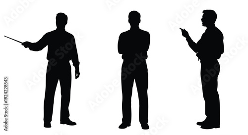 Three men in various poses depicted as a striking silhouette