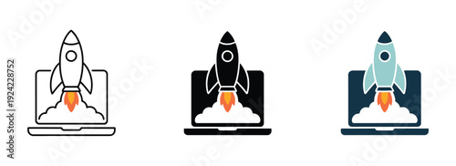 Rocket ship launches from laptop, vector illustration representing startup growth, digital innovation, technology development, business launch, entrepreneurship, online business expansion, and profess
