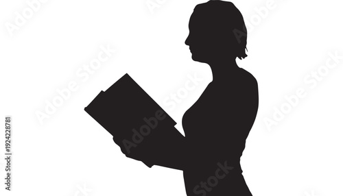 Woman reading book silhouette with short hair black profile featuring female, person, human with reader and literature elements for education, learning projects, clean composition on simple background
