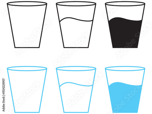 Water glass icon vector set in blue and back flat outline. Drink glass line pictogram. Water glass vector icon set. tall full, half and empty milk or water glass sign.