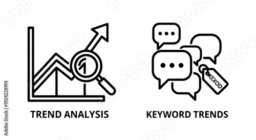 Digital icons for trend analysis and keyword research, showcasing data charts, magnifying glass, and speech bubbles.