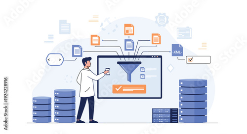 Male data scientist in a lab coat processes and filters various digital document types through a large digital funnel for aggregation and storage in organized databases.