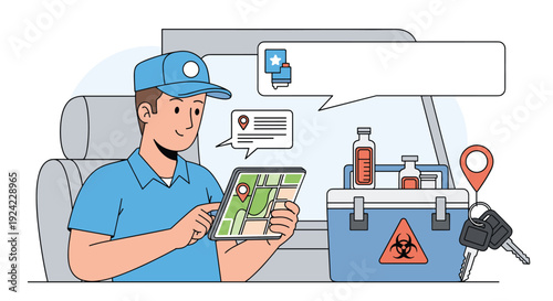Male medical courier uses a tablet with a GPS map for navigating his route to deliver sensitive biological samples in a biohazard transport container.