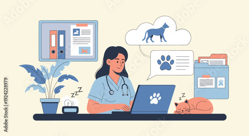 Female veterinarian works on a laptop at her clinic desk managing patient records, with a sleeping cat and hamster nearby creating a calm atmosphere.