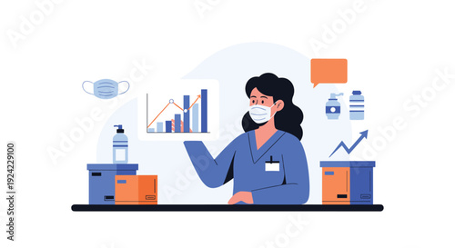Female logistics worker in a protective face mask analyzes a chart showing the growing demand and sales for sanitizers and medical supplies.