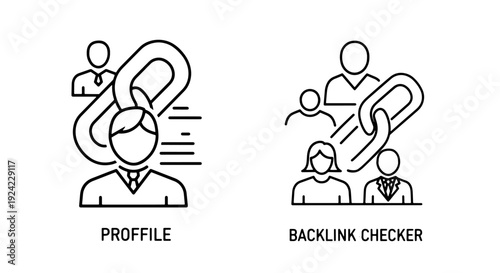 Profile icon linked together by a chain, showing teamwork and collaboration, next to a group of people connected by a link, symbolizing backlinks and network building for SEO.