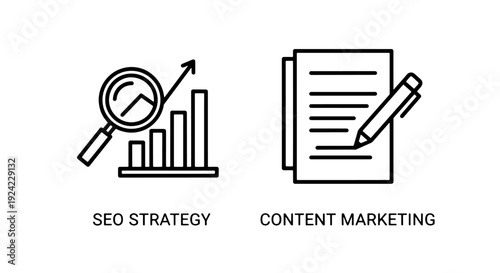 SEO strategy icon with a magnifying glass over a bar chart and upward arrow, paired with content marketing icon showing document and pen, for digital growth and planning.