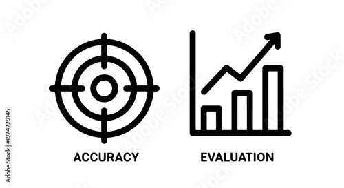 Target icon for accuracy and bar graph with upward trending arrow for evaluation, representing data analysis and goal achievement
