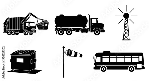 Collection of industrial vehicles and equipment including garbage truck tanker truck communication tower dumpster windsock and bus